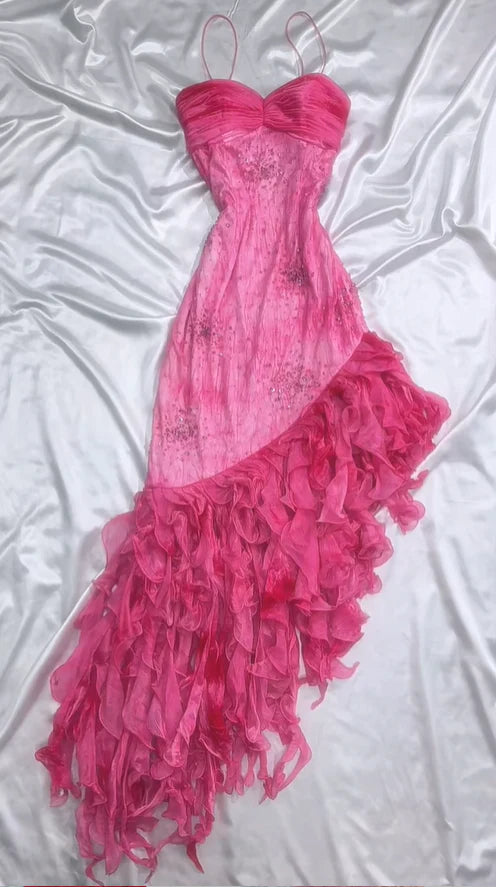 Vintage Hot Pink Sweetheart A-Line Prom Dress Beaded Ruffle Chiffon Spaghetti Strap Formal Dress TP4572