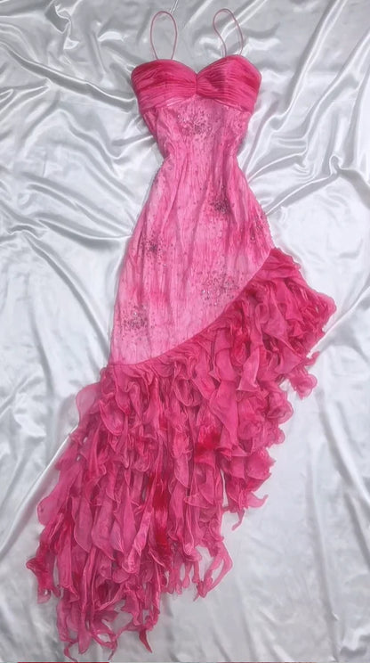 Vintage Hot Pink Sweetheart A-Line Prom Dress Beaded Ruffle Chiffon Spaghetti Strap Formal Dress TP4572