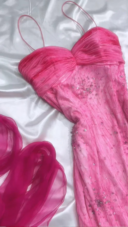 Vintage Hot Pink Sweetheart A-Line Prom Dress Beaded Ruffle Chiffon Spaghetti Strap Formal Dress TP4572