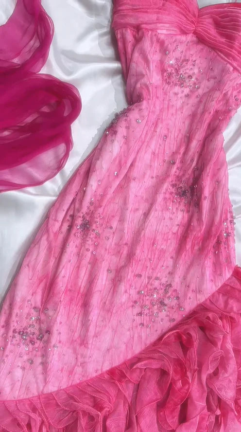 Vintage Hot Pink Sweetheart A-Line Prom Dress Beaded Ruffle Chiffon Spaghetti Strap Formal Dress TP4572