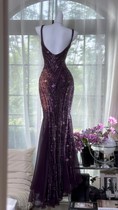 Gorgeous Purple Beaded Sequin V-neck Mermaid Elegant Chiffon Evening Dress Prom Dresses TP4144