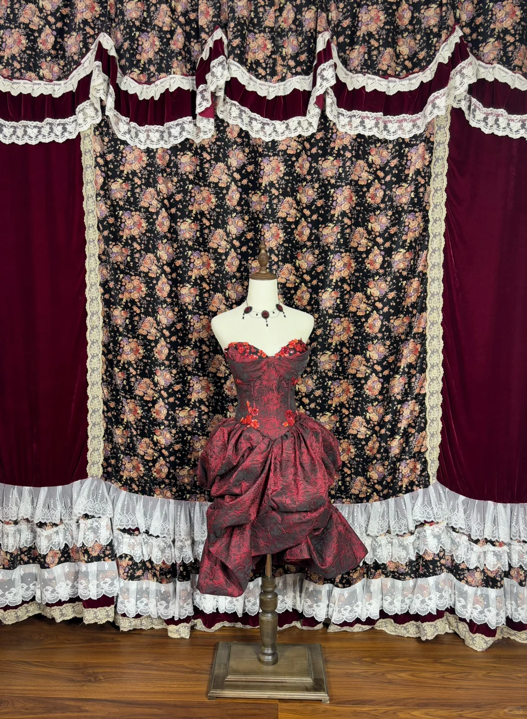 Gorgeous Burgundy Sweetheart Rose Applique Strapless Floor-length/Short Prom Dress Birthday Dress Evening Dress TP4385