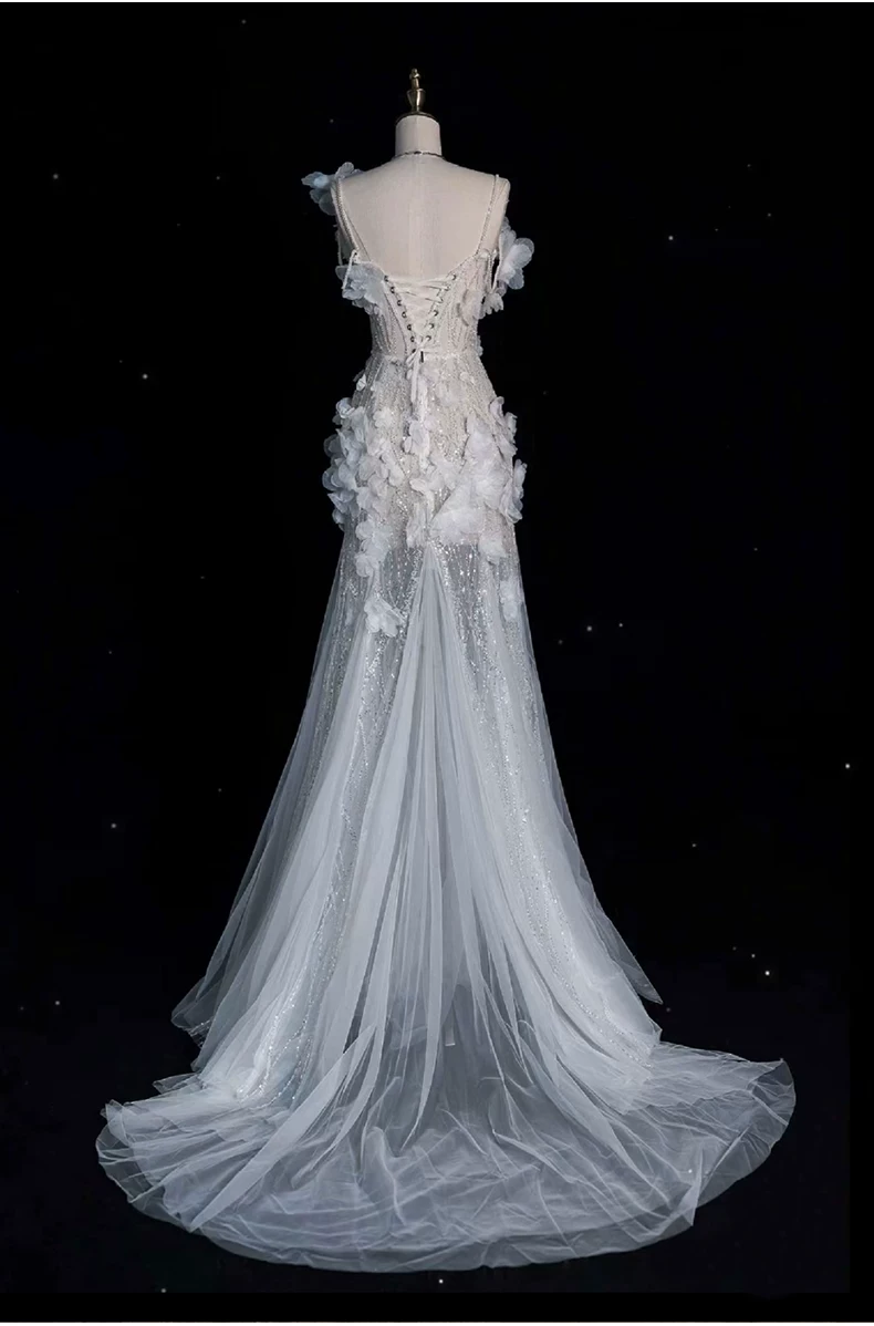 Romantic Mermaid 3D Floral Appliques Beaded Tulle Sweetheart Long Prom Dress TP6119