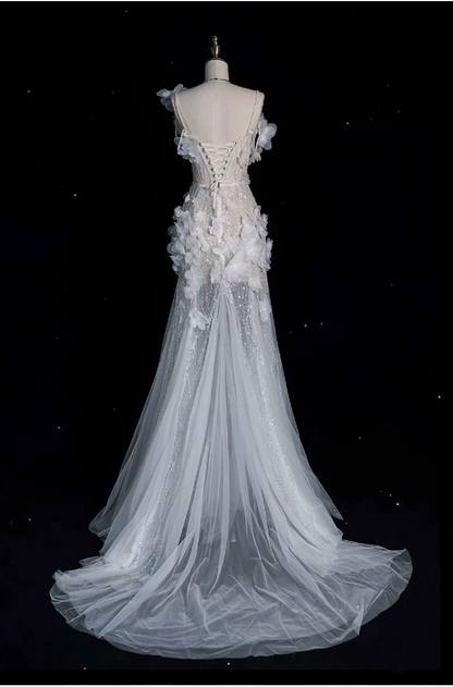 Romantic Mermaid 3D Floral Appliques Beaded Tulle Sweetheart Long Prom Dress TP6119