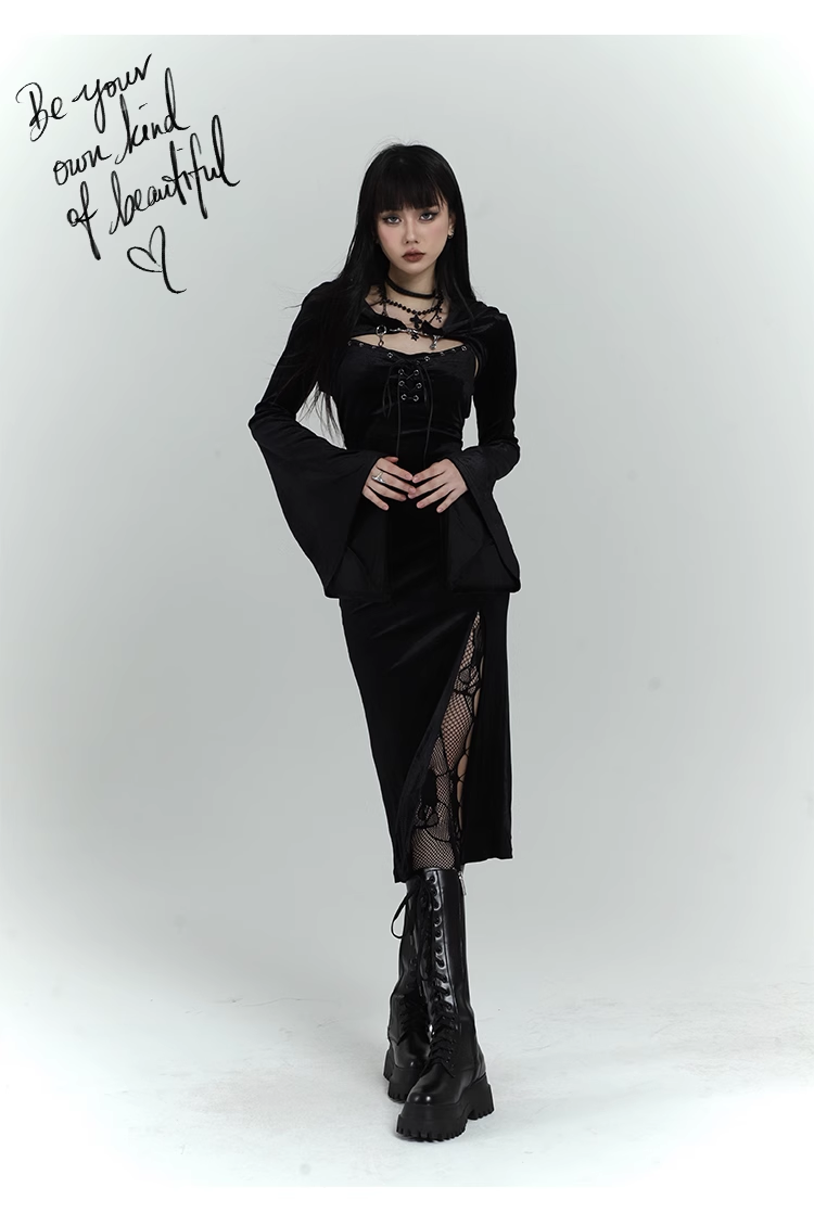 Chic Retro Goth Black Velvet Shawl Spaghetti Strap Dress TP2913