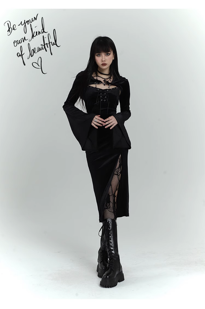 Chic Retro Goth Black Velvet Shawl Spaghetti Strap Dress TP2913