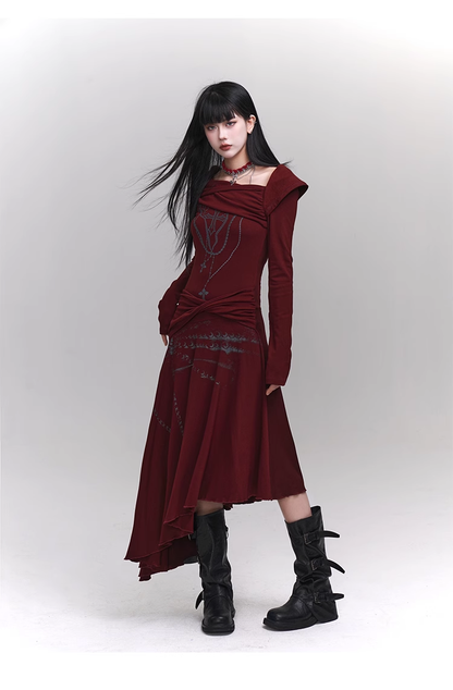 New Fashion Irregular Hemline Design Red Long-sleeved Dress TP2941