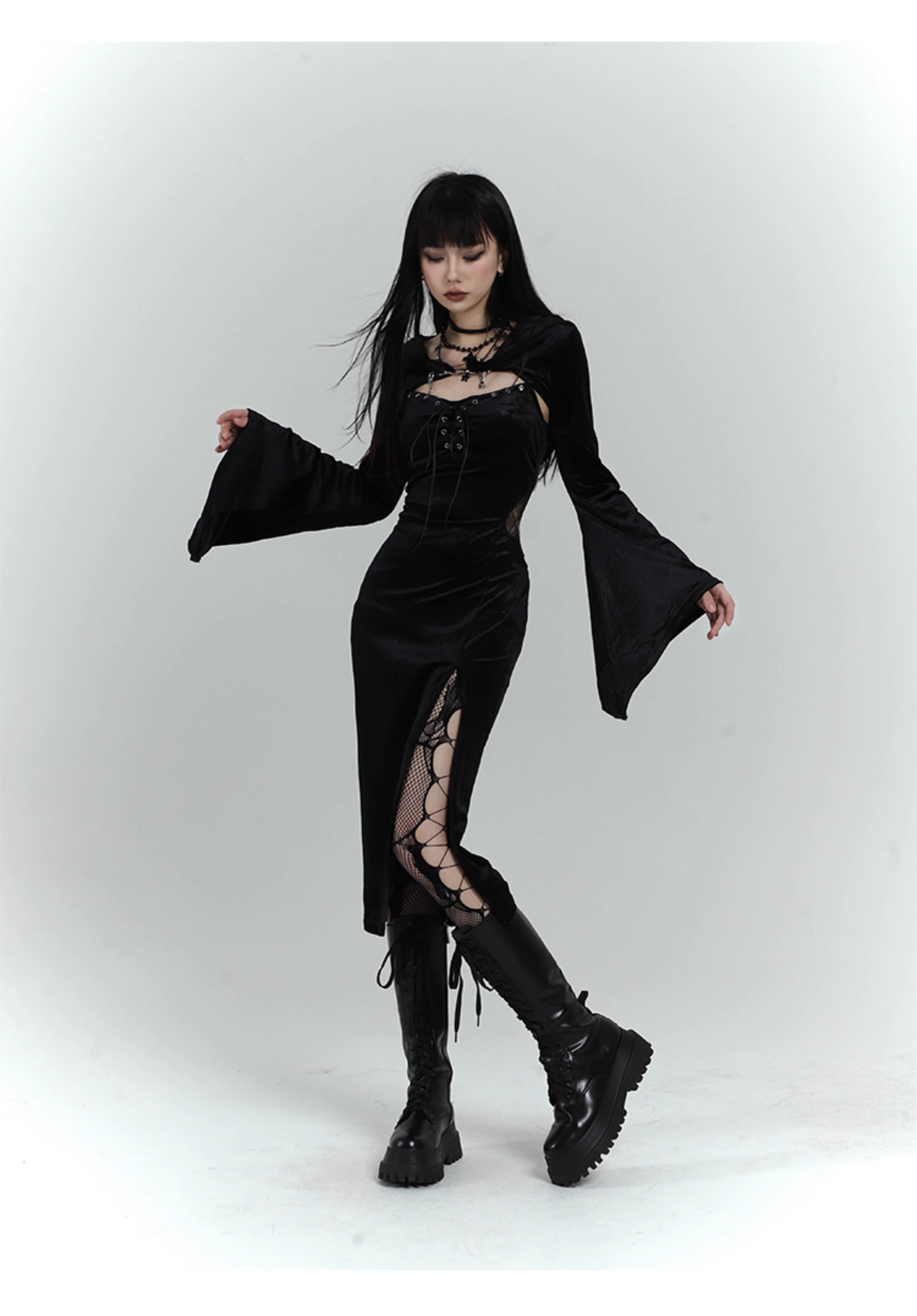 Chic Retro Goth Black Velvet Shawl Spaghetti Strap Dress TP2913