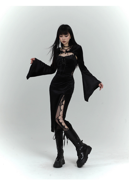 Chic Retro Goth Black Velvet Shawl Spaghetti Strap Dress TP2913