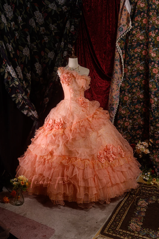 Vintage-Inspired Peach Pink Floral Ruffled Off-Shoulder Ball Gown Tiered Tulle Quinceañera Formal Dress TP5113