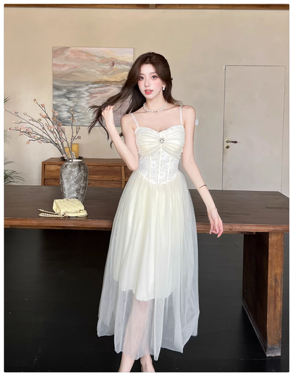 Simple Fashion Mesh Dress Design A-line Long High-waisted Spaghetti Strap Dress TP3331