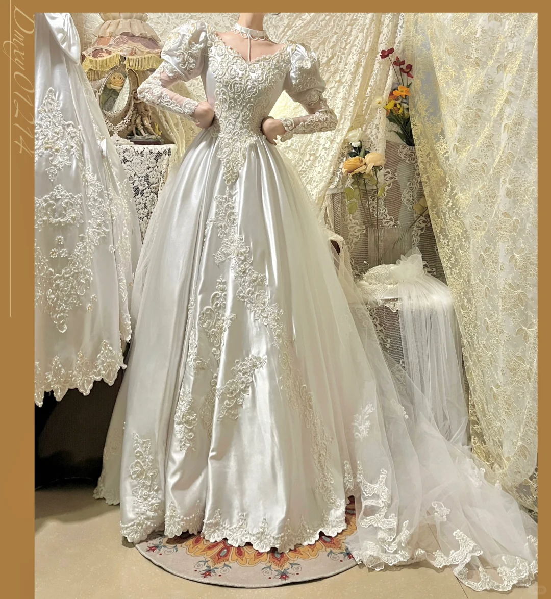 Gorgeous Satin Puff Sleeves Embroidery A-Line Wedding Dress TP5410