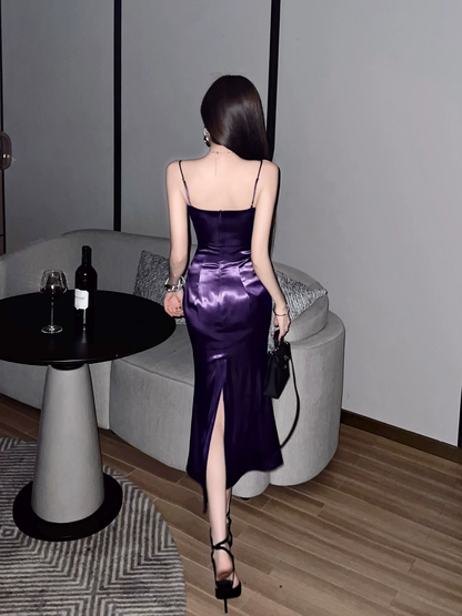 Elegant Purple Satin Spaghetti Straps Sheer Lace Corset Bodycon Prom Dress TP6108