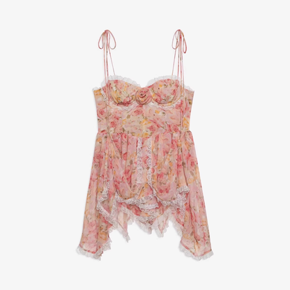 Vintage Lace Floral Spaghetti Strap Ruffled Hem Design A-line Party Dress TP3884