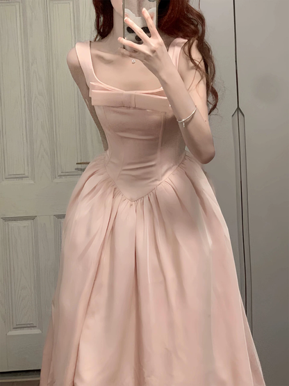 Vintage Pink Square Neck Bow Princess A-Line Midi Evening Gown TP6082