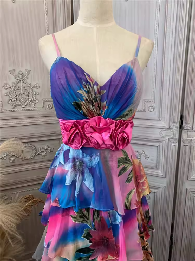 Luxury Multicolor Floral Print Evening Gown Tiered Chiffon Prom Dress TP5678