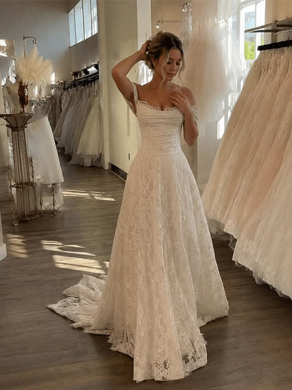 Vintage Off-the-Shoulder Floral Lace A-Line Ruched Bodice Chapel Train Wedding Dress TP6051