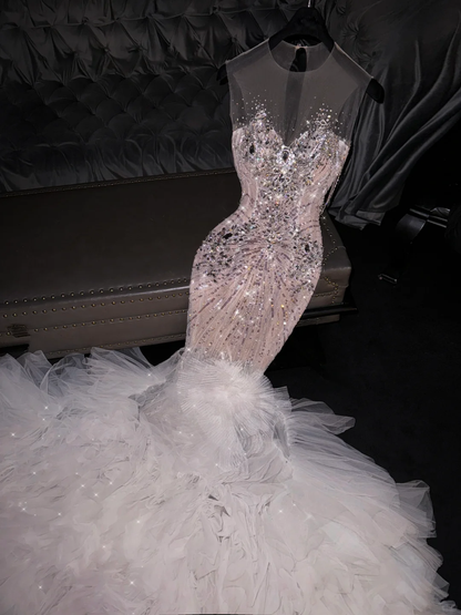 Glamorous Pink Beaded Mermaid Sheer Neckline Ruffled Tulle Train Evening Gown TP5393