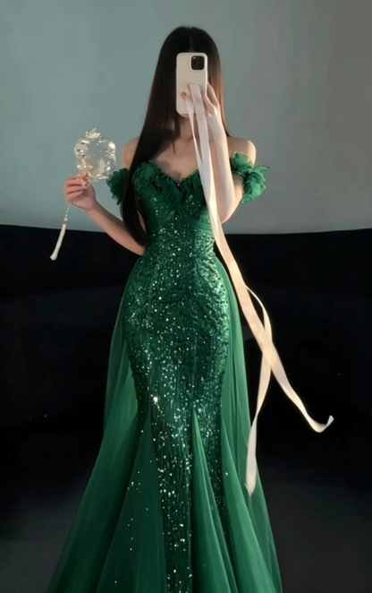 Glamorous Off-the-Shoulder Glitter Mermaid Tulle Floral Ruffle Neckline Prom Dress TP5872