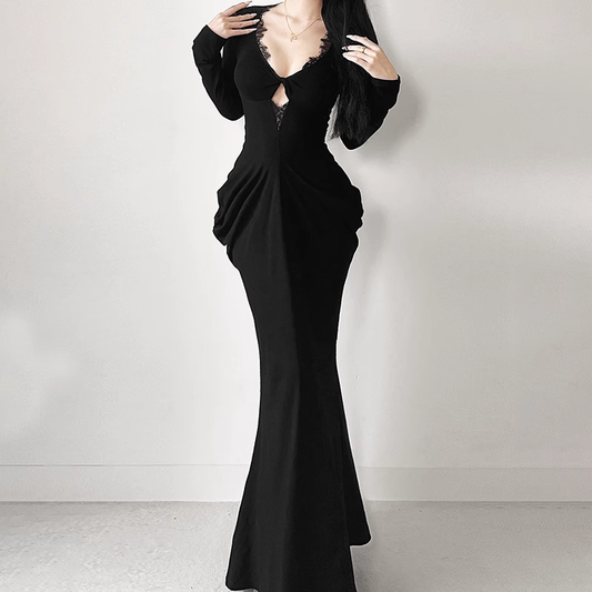 New Sexy V-neck Black Mermaid Long-sleeved Dress TP2898