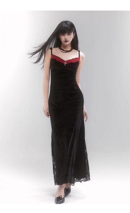 Simple Fashion Black Velvet Red Lace Spaghetti Strap Dress TP2956