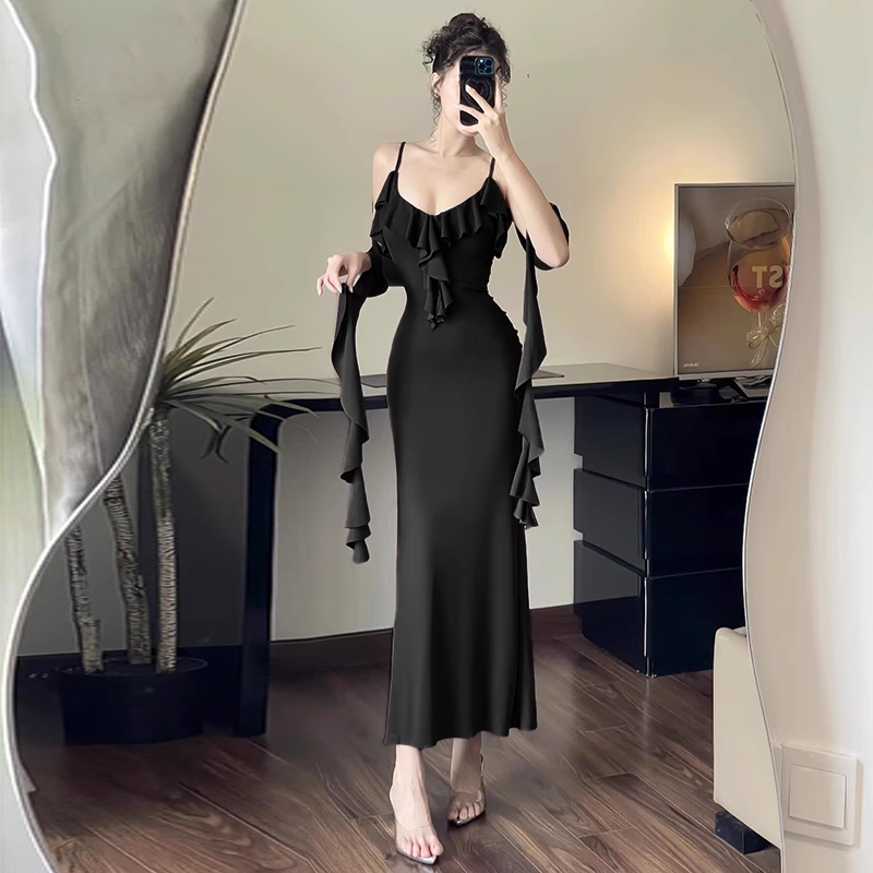 New Simple Fashion Black Brown Slim-fit Spaghetti Strap Dress TP2895