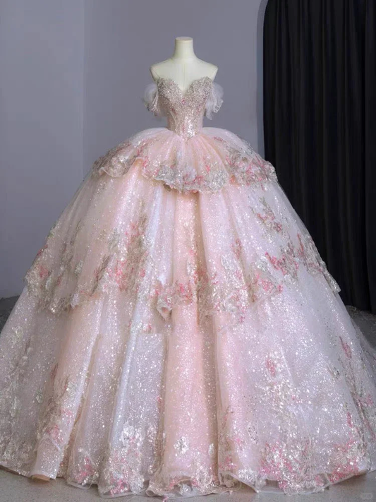 Vintage Pink Glittering Beaded Sweetheart Tulle Sweet 16 Quinceanera A-Line Off-the-shoulder Evening Dress Long Ball Gown TP4989