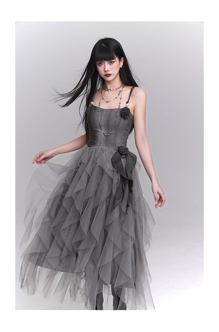 Simple Fashion Gray Rose Flower Design Women Spaghetti Strap Dress TP2943