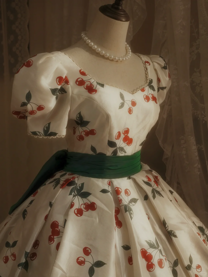 Cute Cherry Print Puff-Sleeve Green Back Bow Train Sweet 15 Quinceanera Ball Gown TP5509