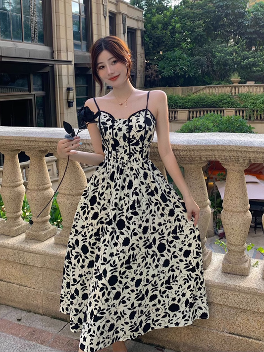 New Fashion Stylish Floral High-waisted Spaghetti Strap Dress TP2989