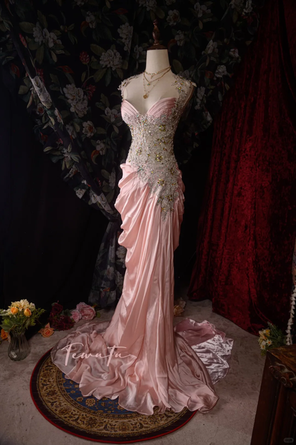 Vintage Pink Satin Mermaid Beaded Bodice Draped Evening Gown TP5110