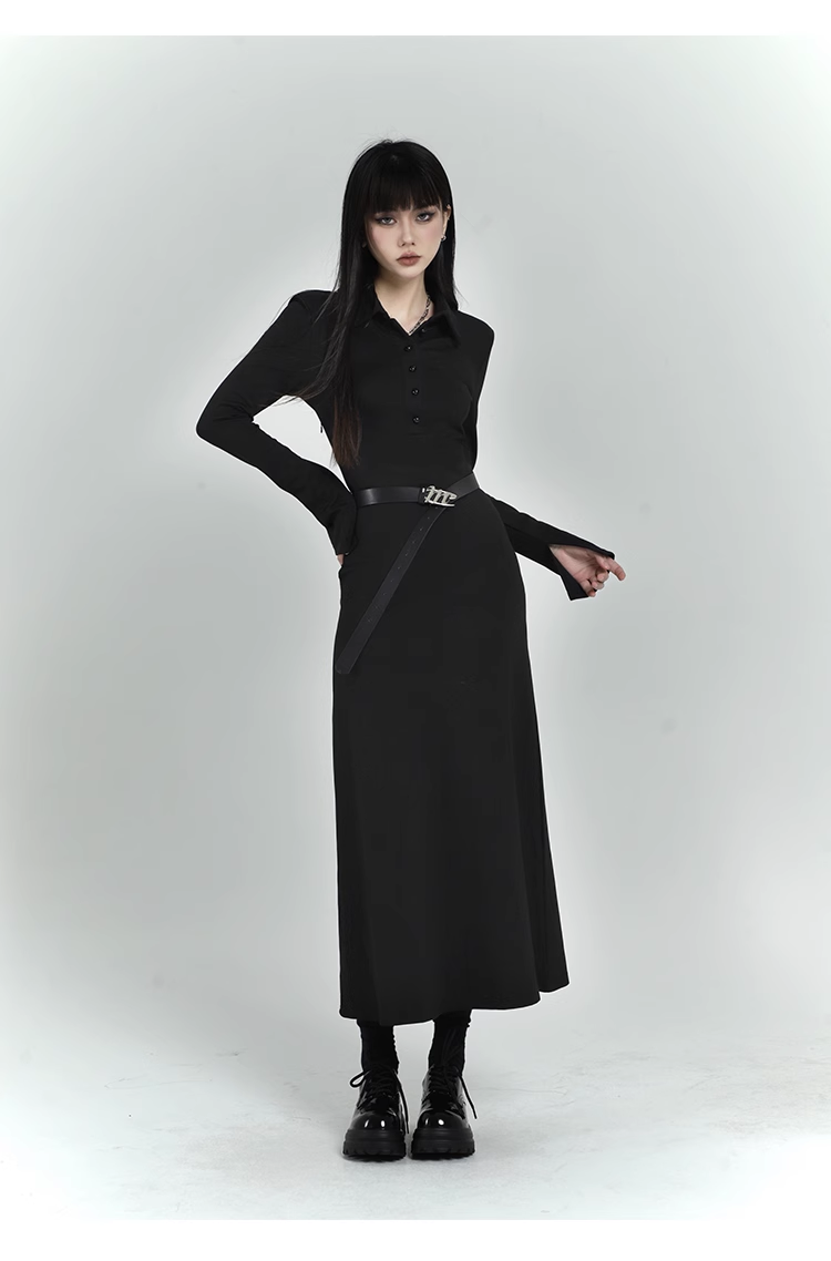 New Fashion Design POLO Style Women Black Long-sleeved Dress TP2937