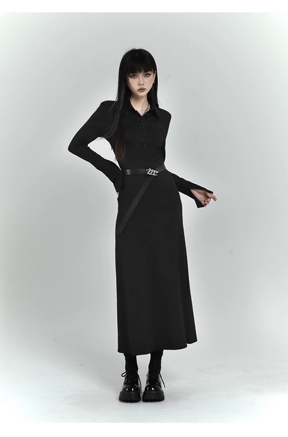 New Fashion Design POLO Style Women Black Long-sleeved Dress TP2937