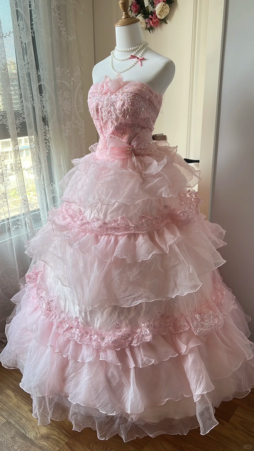 Vintage Pink Tiered Lace & Bow Applique Quinceanera Ball Gown TP5838