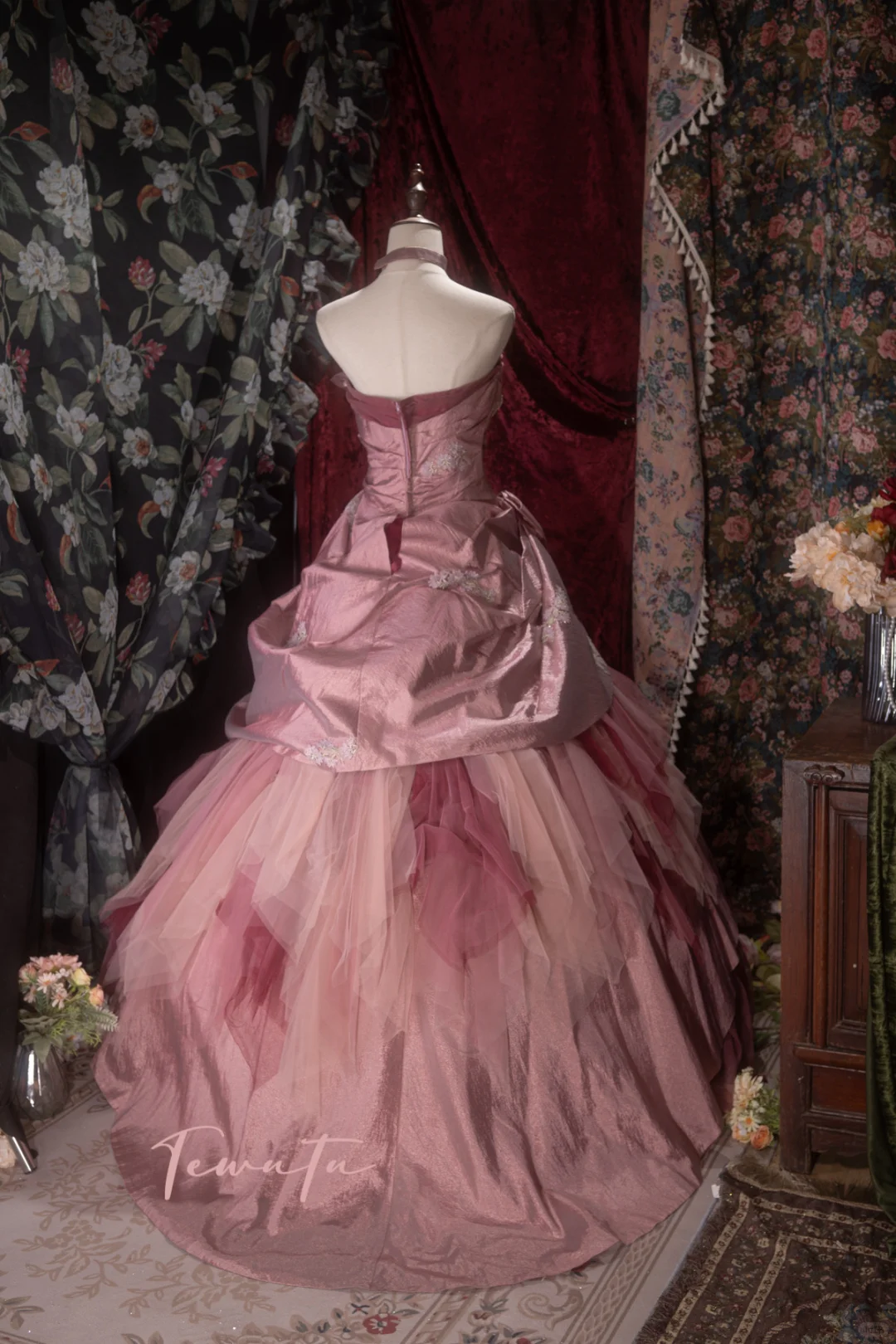 Gorgeous Pink Strapless Tiered Tulle & Satin Floral Ball Gown TP5788