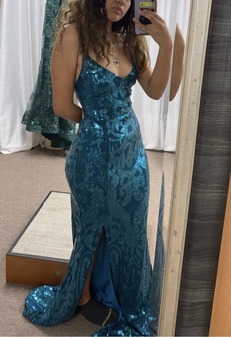 Elegant Teal Sequin Mermaid V‑Neck Spaghetti Straps High Slit Long Prom Dress TP6113