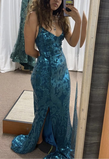 Elegant Teal Sequin Mermaid V‑Neck Spaghetti Straps High Slit Long Prom Dress TP6113