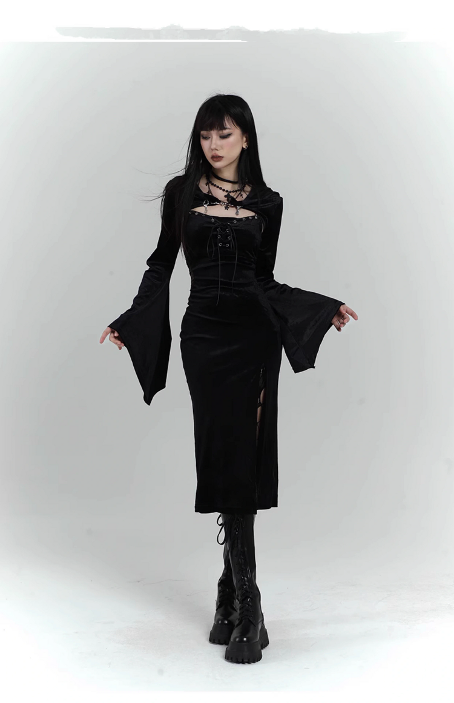 Chic Retro Goth Black Velvet Shawl Spaghetti Strap Dress TP2913