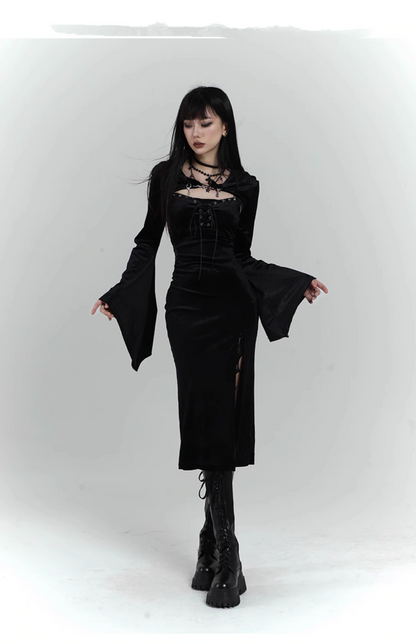Chic Retro Goth Black Velvet Shawl Spaghetti Strap Dress TP2913