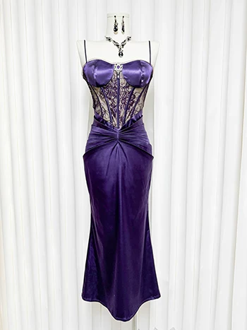 Elegant Purple Satin Spaghetti Straps Sheer Lace Corset Bodycon Prom Dress TP6108