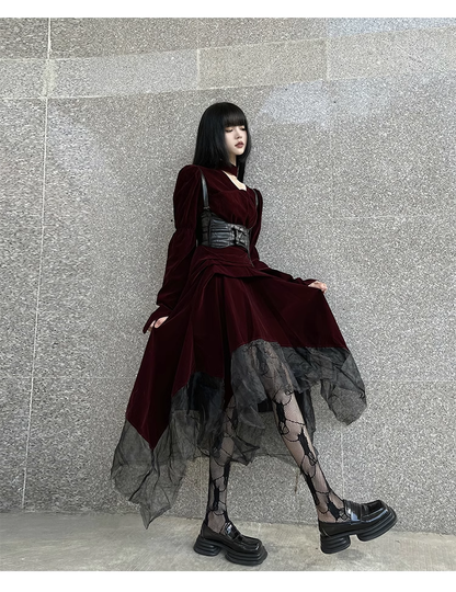 Elegant Fashion Red Velvet Irregular Dress Edge Design Gothic style party High-waisted Long-sleeved Dress TP2915