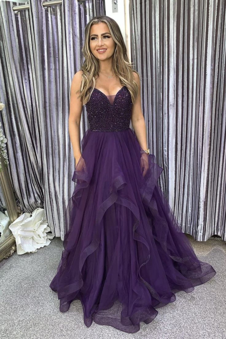 Vintage Purple Sweetheart Beaded Evening Dress A-Line Spaghetti Strap Tulle Long Prom Dress TP5061