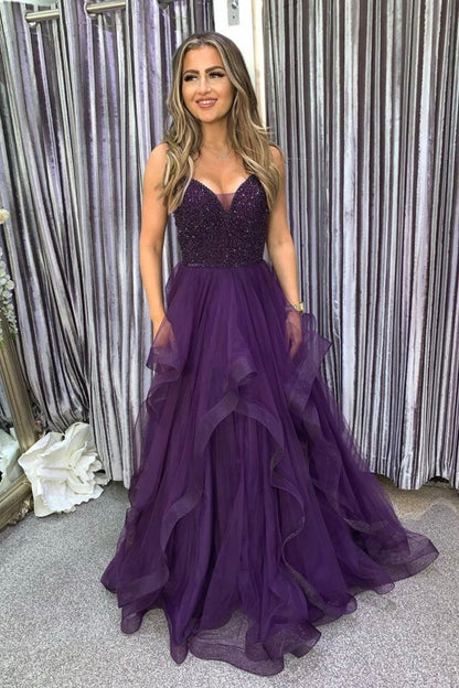 Vintage Purple Sweetheart Beaded Evening Dress A-Line Spaghetti Strap Tulle Long Prom Dress TP5061