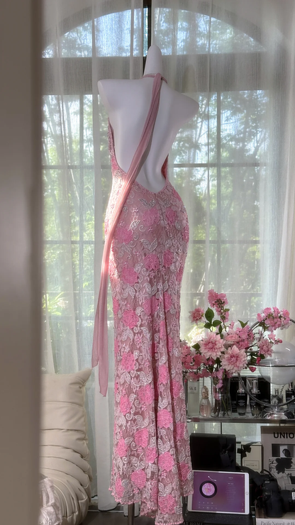 Vintage Gorgeous Pink Floral V-neck Applique Elegant Chiffon Long Evening Dress Prom Dresses TP4150