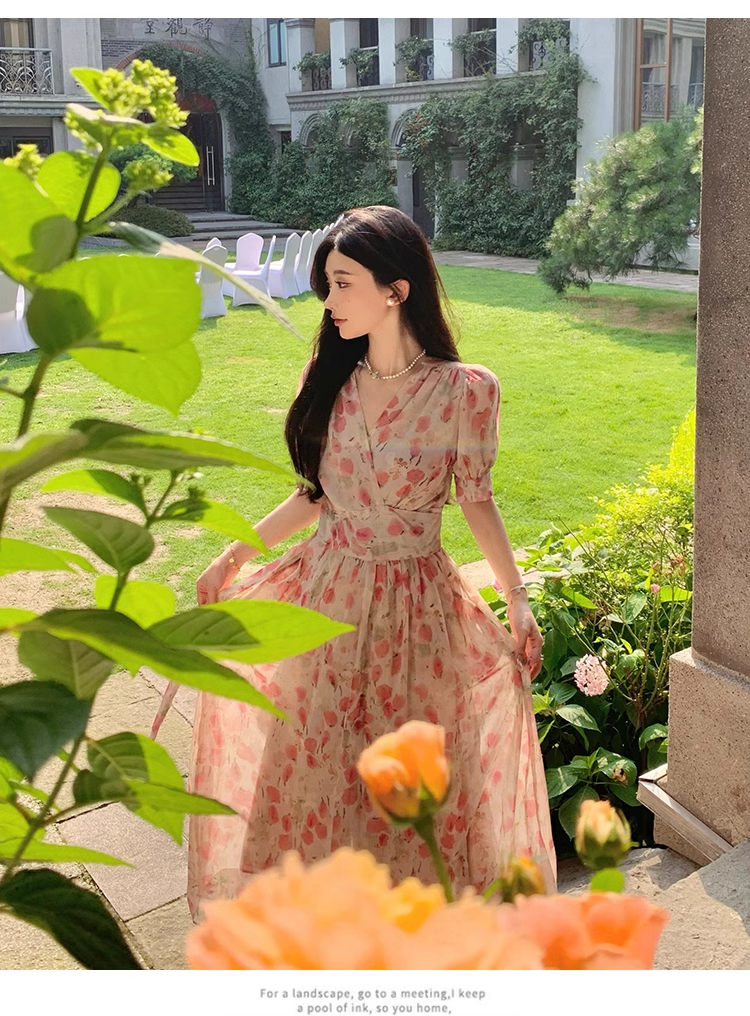 New Fashion Pink Floral Design Short Sleeves V-neck A-Line Women Long Dress TP3046