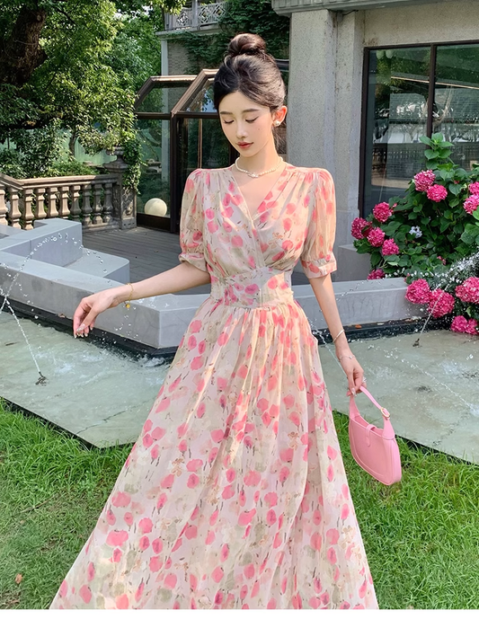 New Fashion Pink Floral Design Short Sleeves V-neck A-Line Women Long Dress TP3046