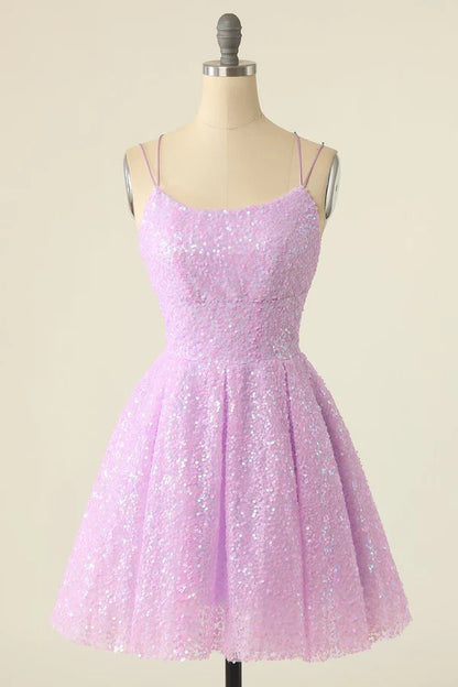 Gorgeous Pink Sequined Backless Design A-line Lace-up Short Homecoming Dress TP3596