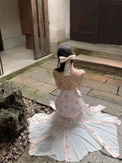 New Stylish Women Pink Butterfly Mermaid Spaghetti Strap Dress TP2966