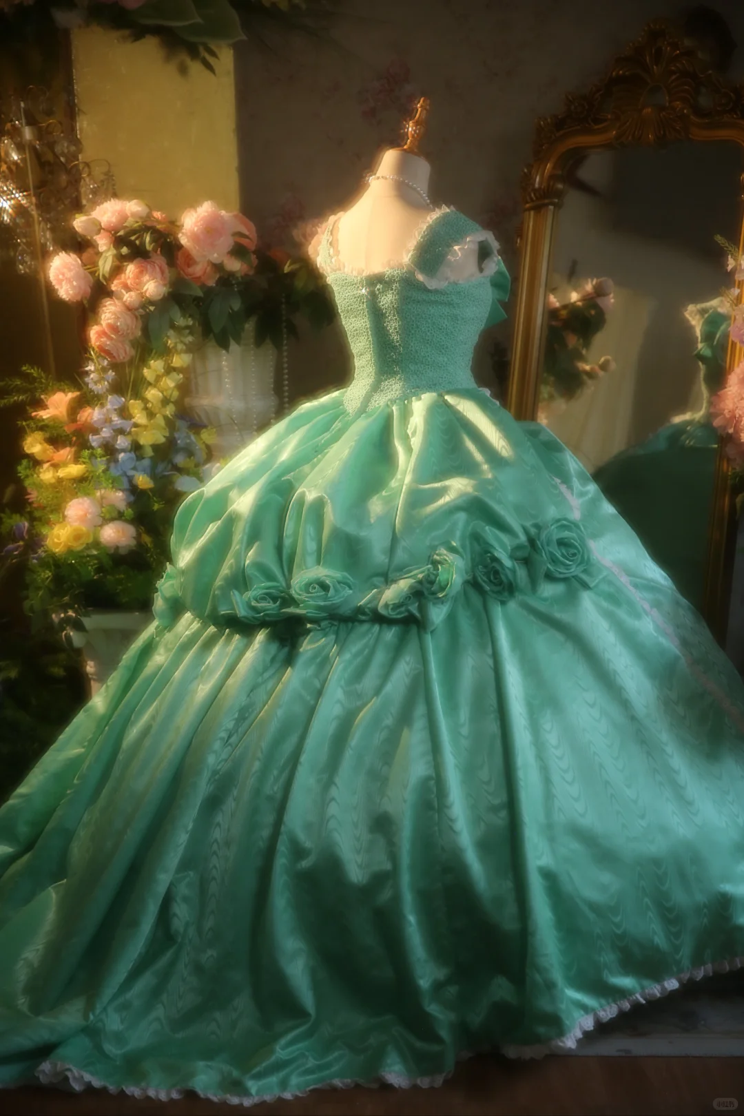 Vintage Turquoise Satin 3D Rose Applique Lace-Trimmed  Sweet 15 Quinceanera Ball Gown TP5513