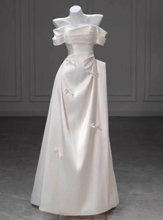 Vintage White Satin Off-Shoulder Ribbon Bow Wedding Dress A-Line Bridal Gown TP5174